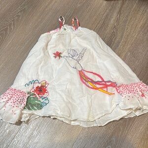 White Dress with Colorful Bird Design and embroidered flowers